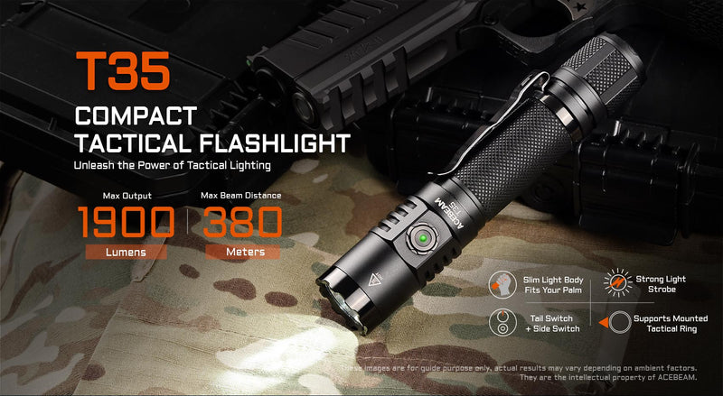 Acebeam T35 Compact Tactical Flashlight with 1900 lumens.