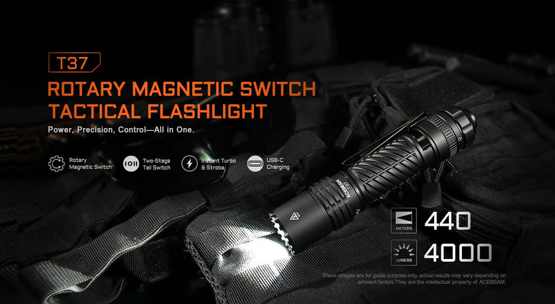 Acebeam T37 Rotary Magnetic Switch Tactical Flashlight.