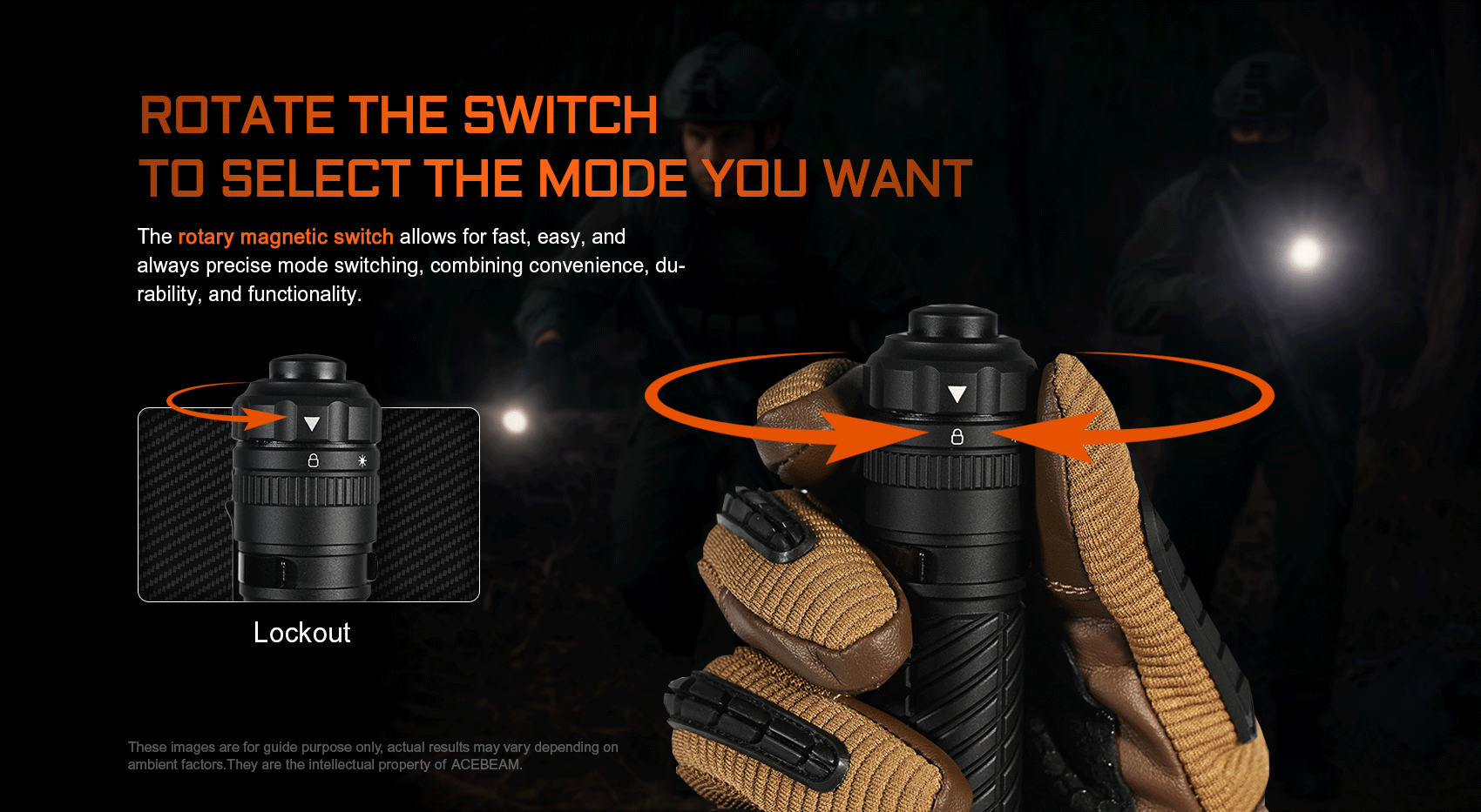Acebeam T37 Rotary Magnetic Switch Tactical Flashlight with rotate the switch to select the mode you want.