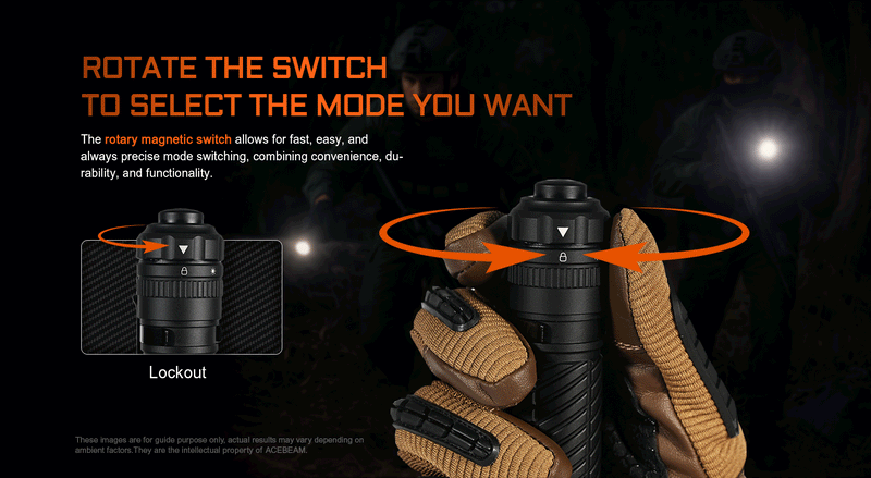 Acebeam T37 Rotary Magnetic Switch Tactical Flashlight with rotate the switch to select the mode you want.