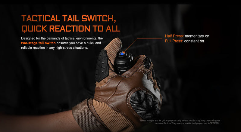Acebeam T37 Rotary Magnetic Switch Tactical Flashlight with tactical tail switch and quick reaction to all.