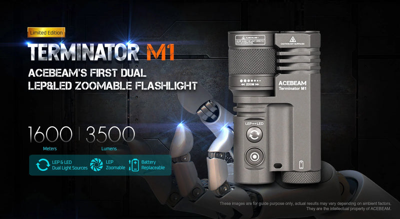 Acebeam Terminator M1 Dual LEP and LED Zoomable Rechargeable Flashlight.