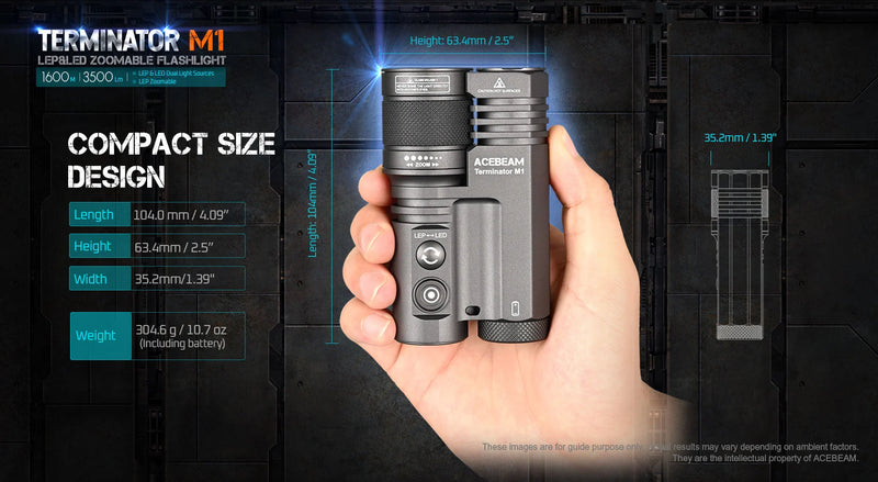 Acebeam Terminator M1 Dual LEP and LED Zoomable Rechargeable Flashlight with compact size.