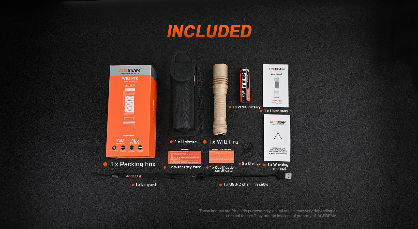 Acebeam W10 Pro LEP Tactical Flashlight – Ultra Focused 1425m Beam Distance with accessories included.