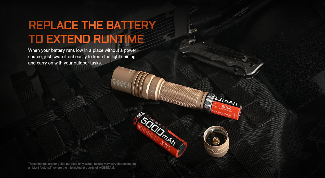 Acebeam W10 Pro LEP Tactical Flashlight – Ultra Focused 1425m Beam Distance with replace the battery to extend runtime.