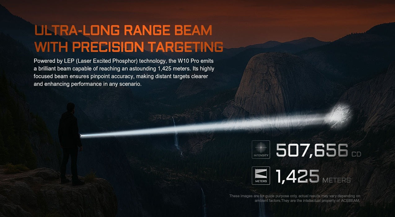 Acebeam W10 Pro LEP Tactical Flashlight – Ultra Focused 1425m Beam Distance with ultra long range beam with precision targeting.