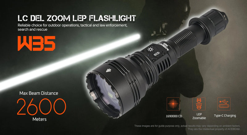 W35 LC DEL Zoom LEP Flashlight with 2600 Meter Throw with maximum beam distance of 26  meters.