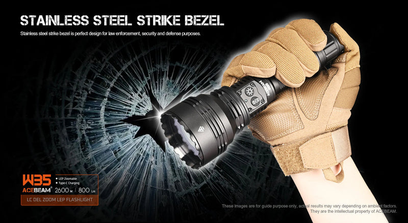 W35 LC DEL Zoom LEP Flashlight with stainless steel strike bezel.
