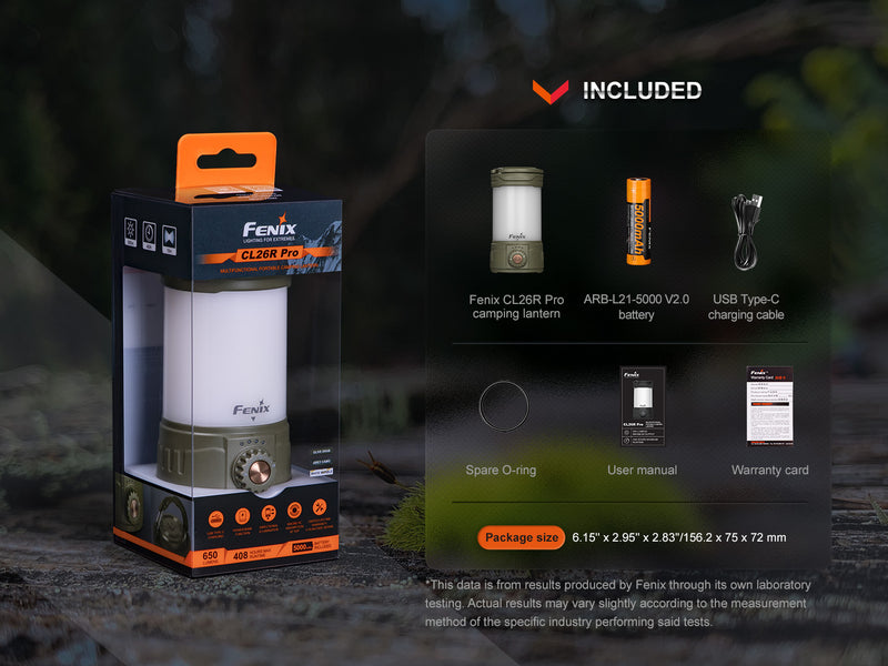 Fenix CL26R Pro Multifunctional Portable Camping Lantern with included accessories.