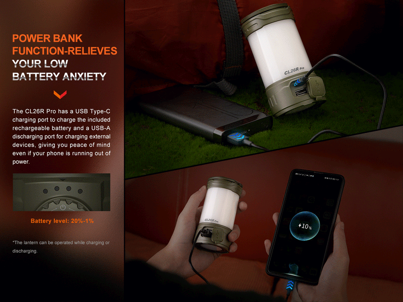 Fenix CL26R Pro Multifunctional Portable Camping Lantern with power bank function relieves your low battery anxiety.