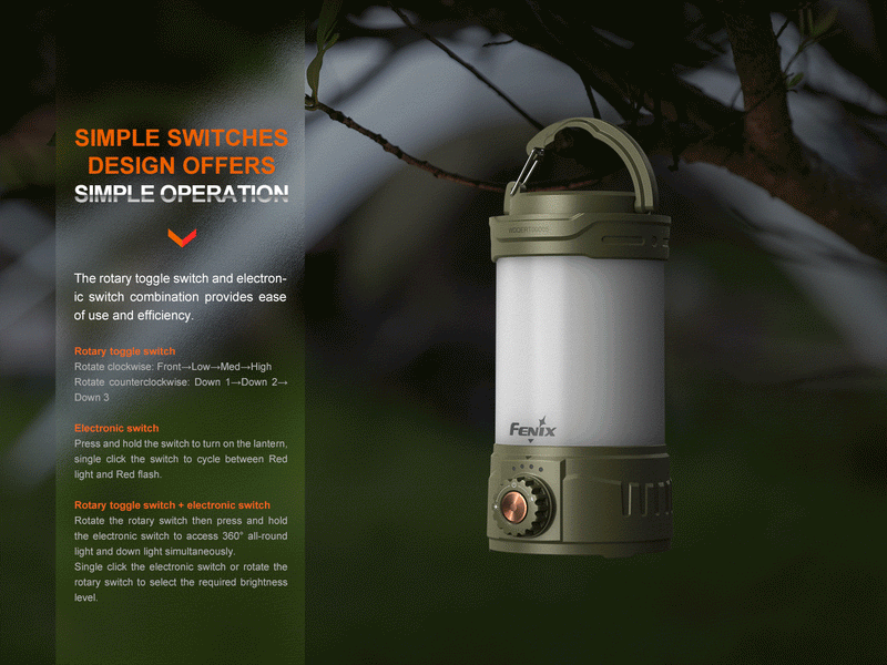 Fenix CL26R Pro Multifunctional Portable Camping Lantern with simple switches design offers simple operation.