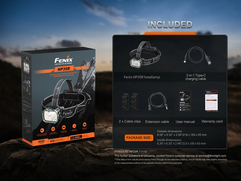 Fenix HP35R Rechargeable Headlamp – 4000 Lumen Spotlight & Floodlight with included accessories.