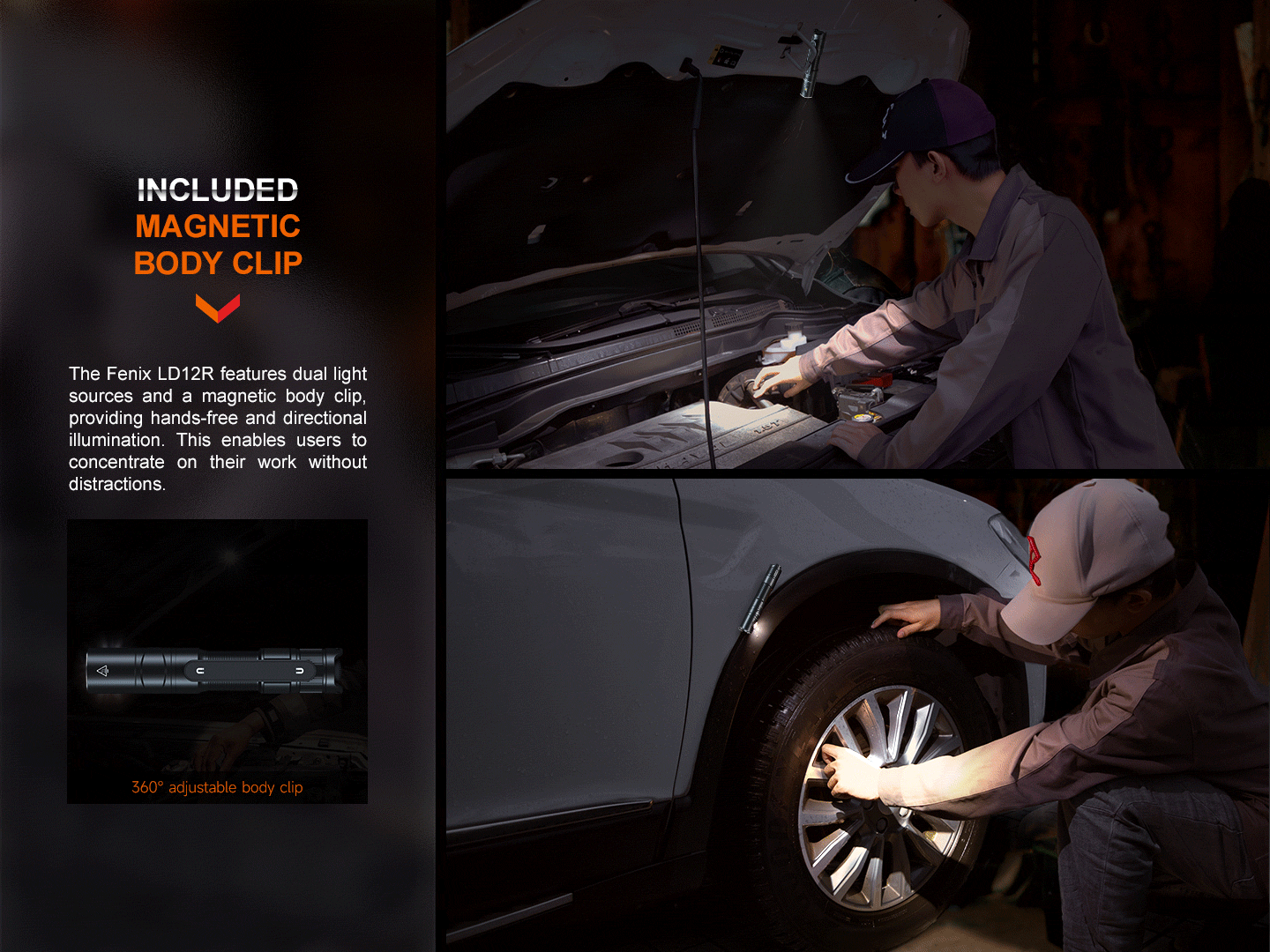 Fenix ld12R Dual Light Sources Multipurpose Portable Flashlight included magnetic body clip.