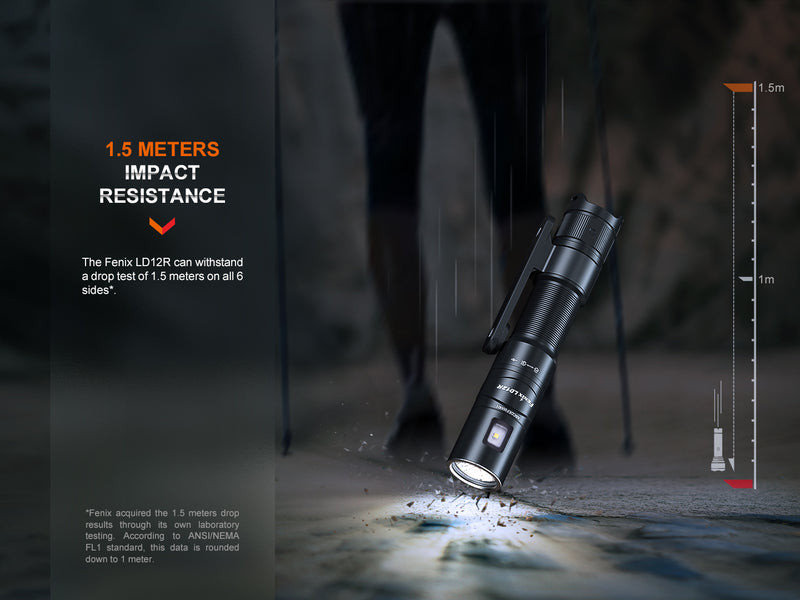 Fenix ld12R Dual Light Sources Multipurpose Portable Flashlight with 1.5 meters impact resistance.