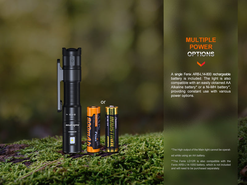 Fenix ld12R Dual Light Sources Multipurpose Portable Flashlight with multiple power options.