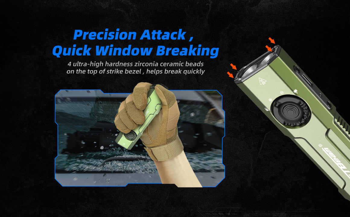 JetBeam E26 Kunai Tactical EDC Flashlight with precision attack on quick window breaking.