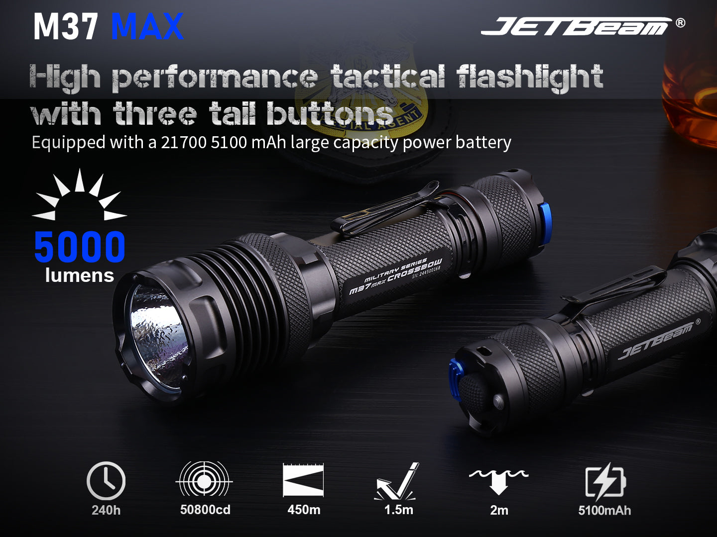 JETBeam M37 MAX Tactical Flashlight with three tail buttons.
