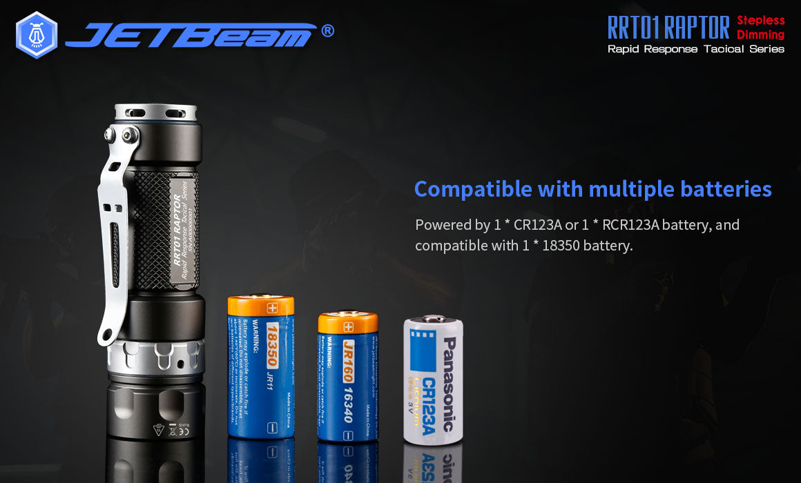 JETBeam RRT01 Raptor Stepless Dimming Rapid Response Flashlight with compatible with multipe batteries.
