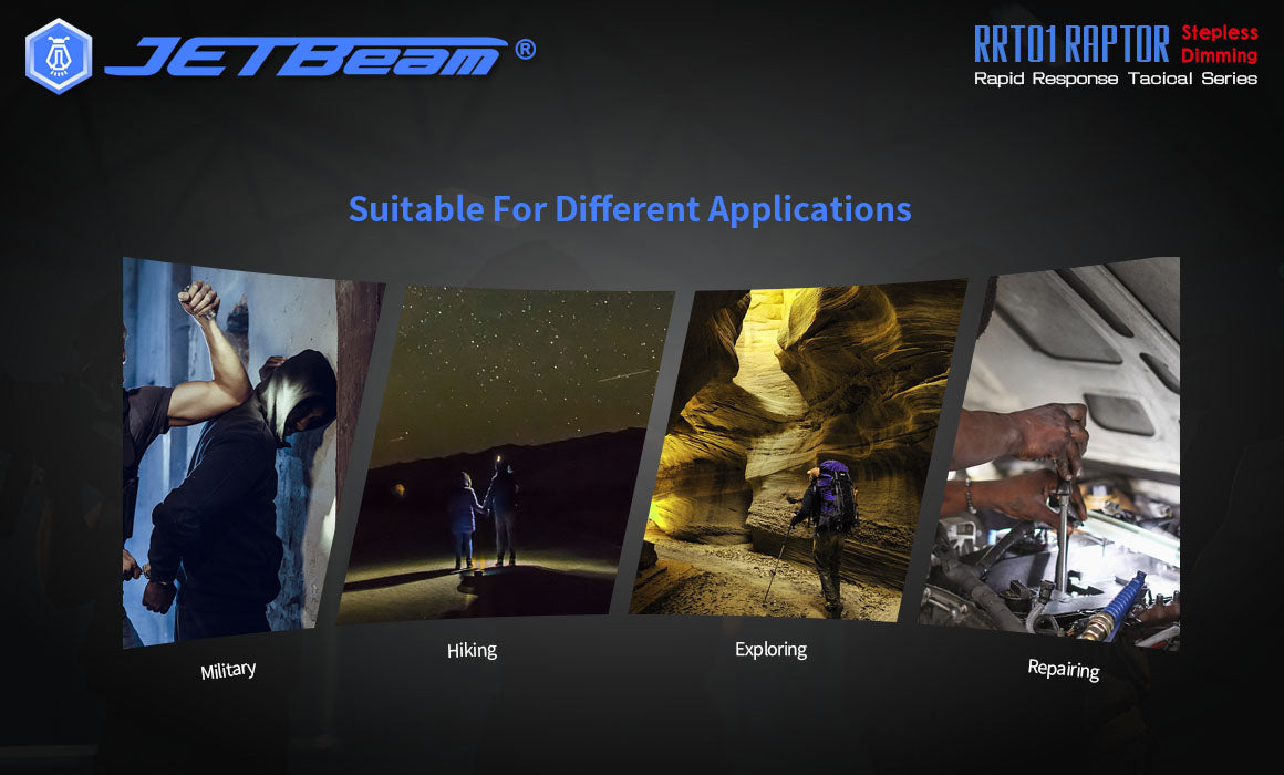 JETBeam RRT01 Raptor Stepless Dimming Rapid Response Flashlight with suitable for different applications.