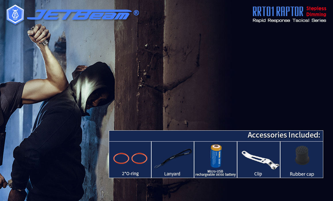 JETBeam RRT01 Raptor Stepless Dimming Rapid Response Flashlight with accessories.