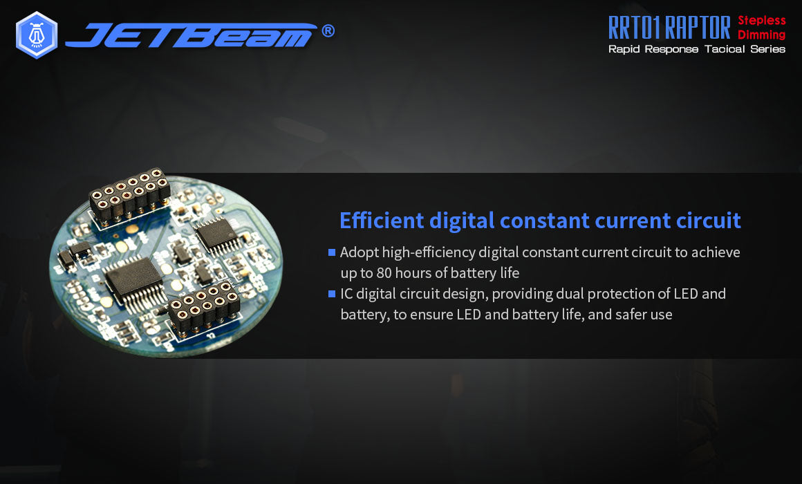 JETBeam RRT01 Raptor Stepless Dimming Rapid Response Flashlight with efficient digital constant current circuit.