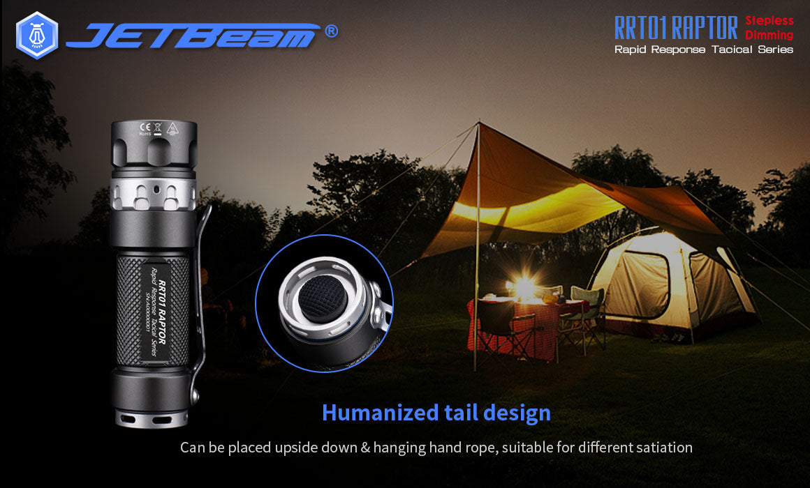 JETBeam RRT01 Raptor Stepless Dimming Rapid Response Flashlight with humanized tail design,