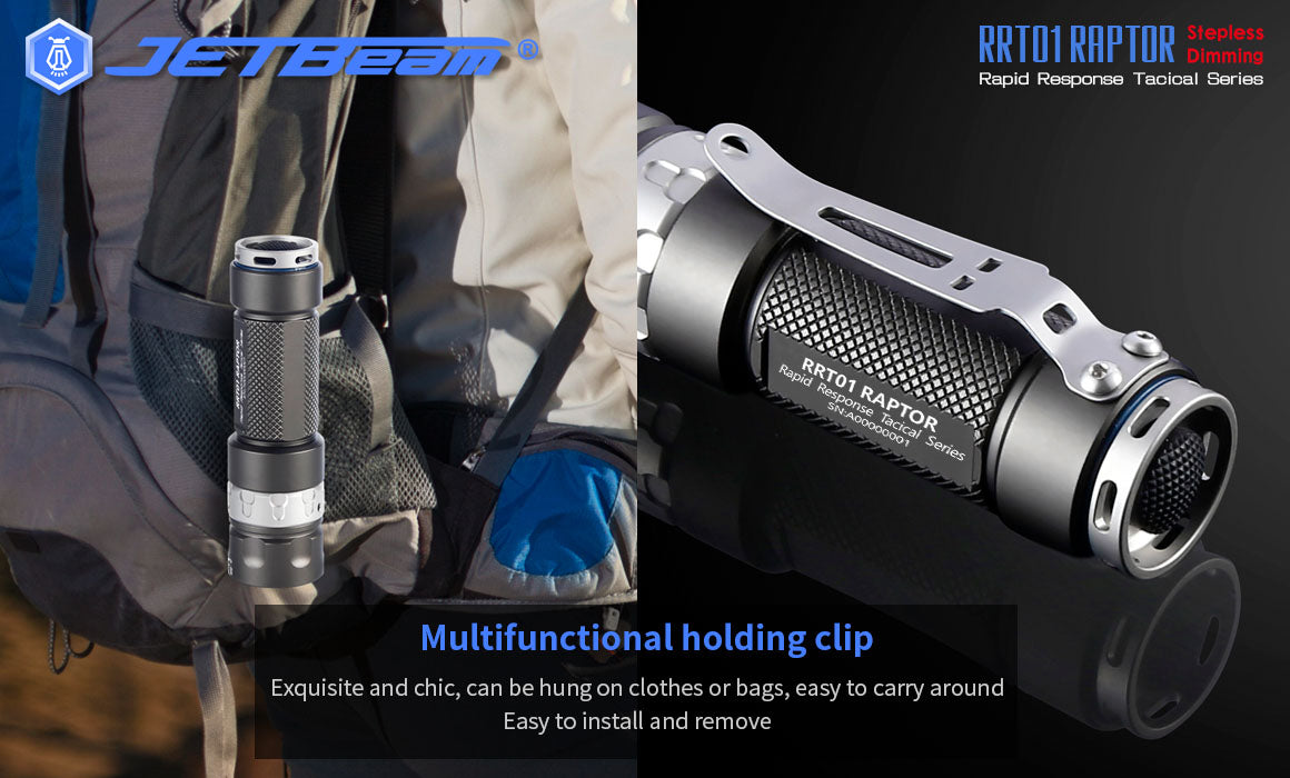 JETBeam RRT01 Raptor Stepless Dimming Rapid Response Flashlight with multifunctional holding clip.