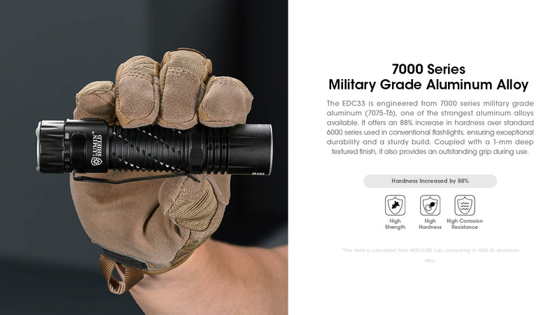 Nitecore EDC33 Tactical EDC Flashlight is 7000 series military Grade Aluminum Alloy.