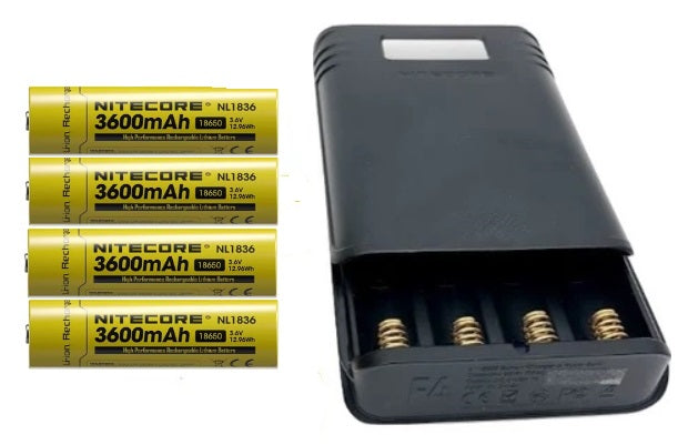 Nitecore F4 Four Slot Flexible Power Bank with four Nitecore NL1836 lithium batteries.