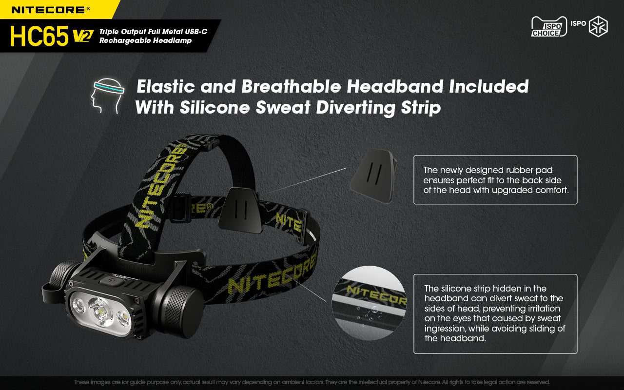 Nitecore HC65 V2 Triple Output Full Metal USB C Rechargeable Headlamp with elastic and breathable headlamp included with silicone sweat diverting strip.