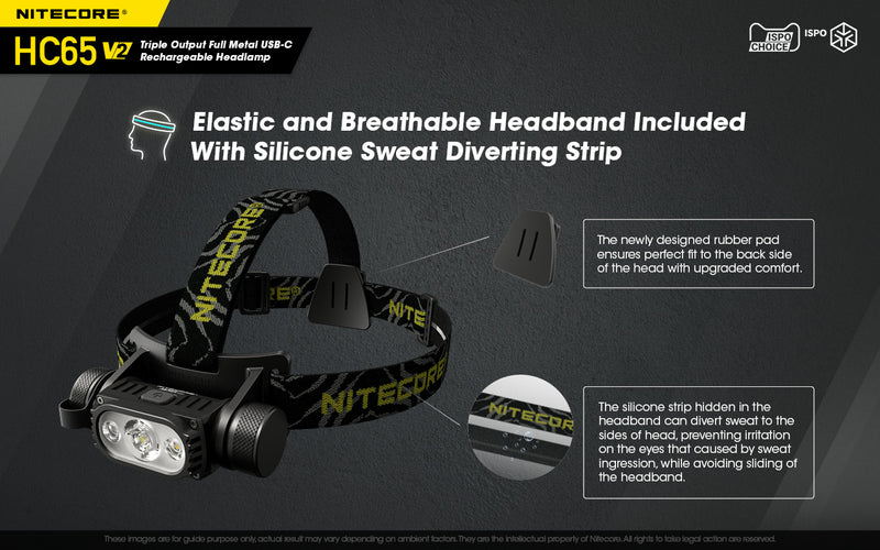 Nitecore HC65 V2 Triple Output Full Metal USB C Rechargeable Headlamp with elastic and breathable headlamp included with silicone sweat diverting strip.