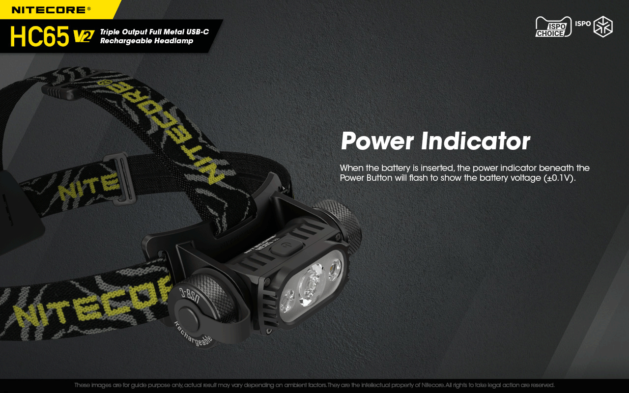 Nitecore HC65 V2 Triple Output Full Metal USB C Rechargeable Headlamp with power indicator.
