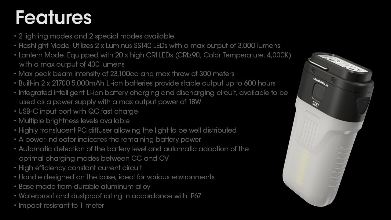 Nitecore LR70 3 in 1 Rechargeable Lantern Flashlight with features.