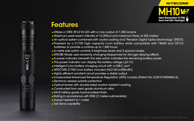 Nitecore MH10 V2 Next Generation 21700 Dual Fuel EDC Flashlight features.