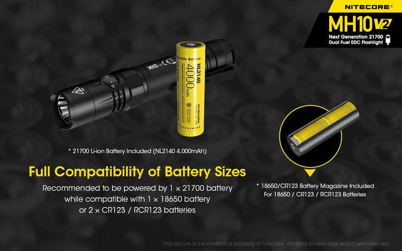 Nitecore MH10 V2 Next Generation 21700 Dual Fuel EDC Flashlight with full compatibility of battery sizes.