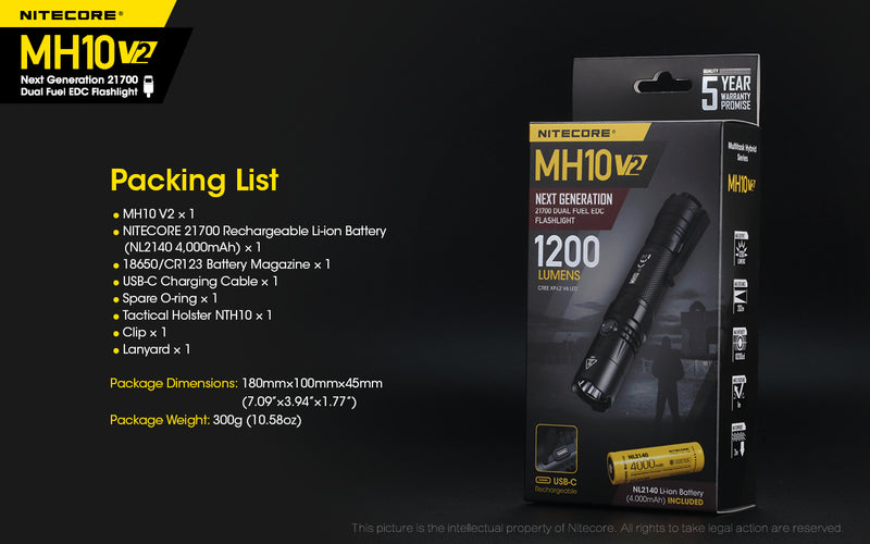Nitecore MH10 V2 Next Generation 21700 Dual Fuel EDC Flashlight with included accessories in the packing list.