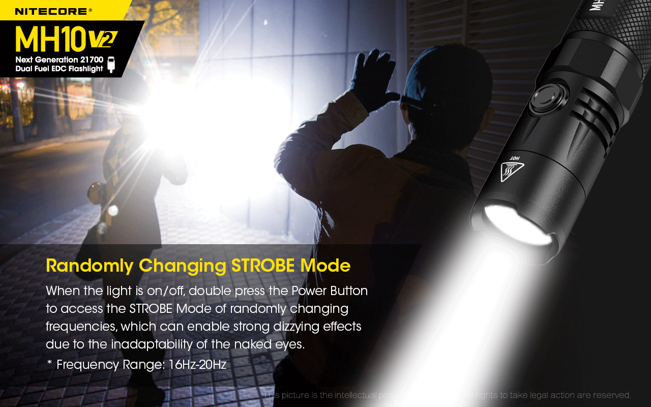 Nitecore MH10 V2 Next Generation 21700 Dual Fuel EDC Flashlight with randomly changing strobe mode.