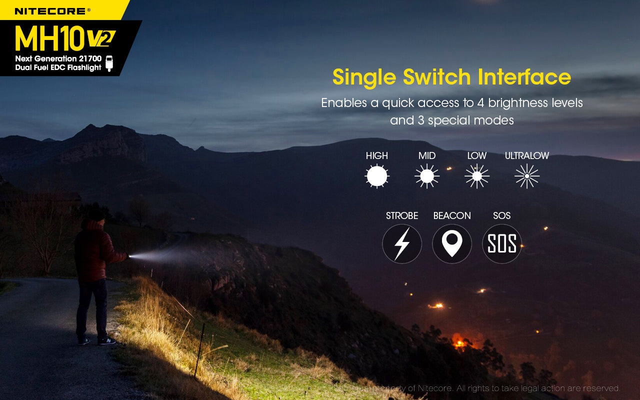 Nitecore MH10 V2 Next Generation 21700 Dual Fuel EDC Flashlight with single switch interface.