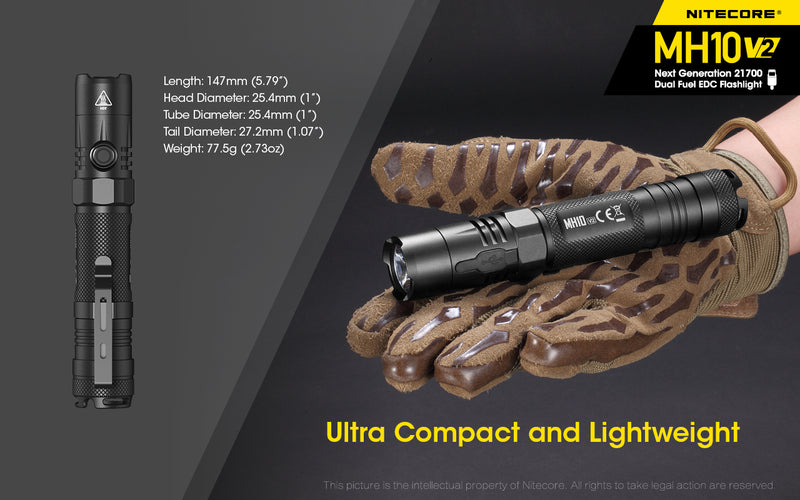 Nitecore MH10 V2 Next Generation 21700 Dual Fuel EDC Flashlight with ultra compact and lightweight.