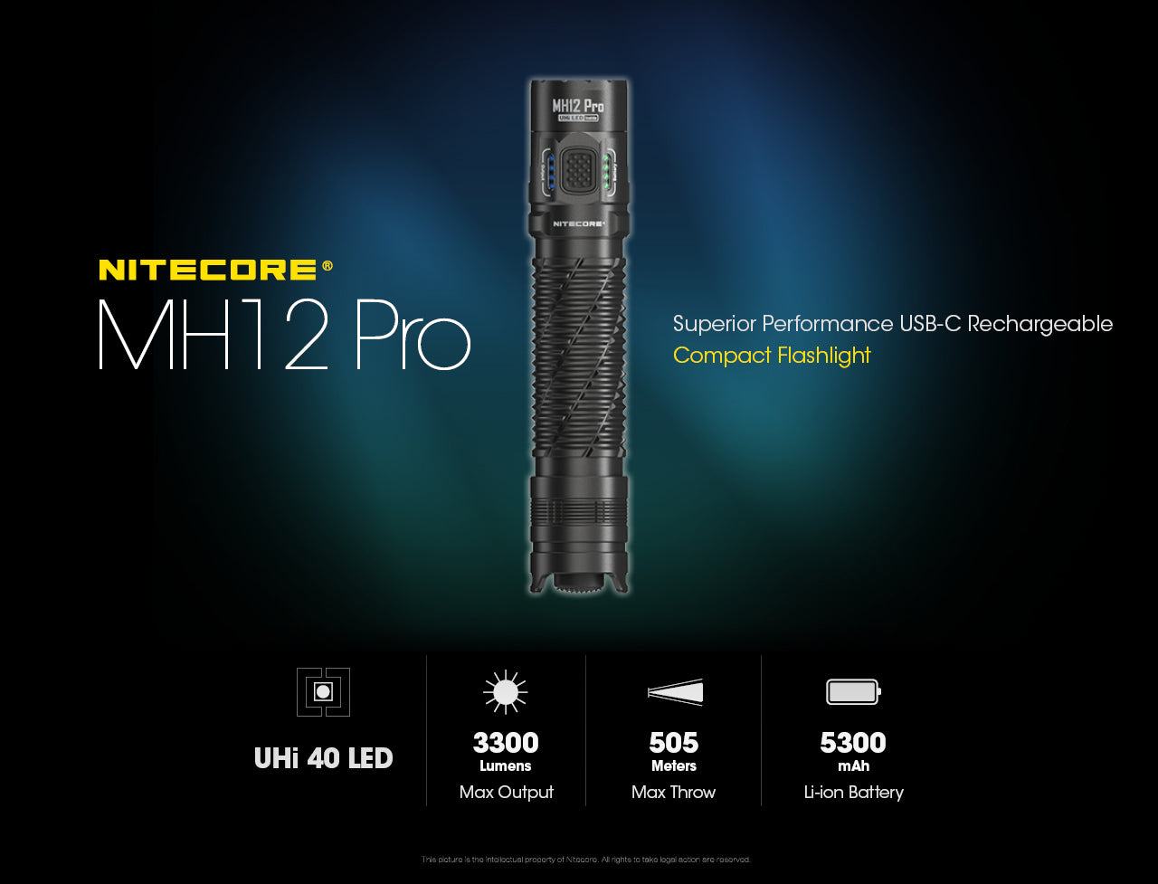 NITECORE MH12 Pro Ultra Long Range Flashlight with a maximum output of 3,300 lumens with sperior performance usb c rechargeable compact flashlight.