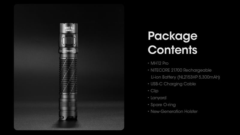 Nitecore MH12 Pro Superior Performance USB C Rechargeable Compact Flashlight with package contents.