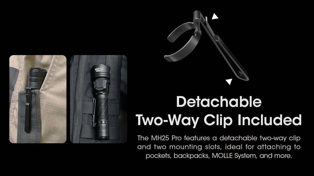 Nitecore Mh25 Pro Ultra Long Range USB C Rechargeable Flashlight with detachable two way clip included.