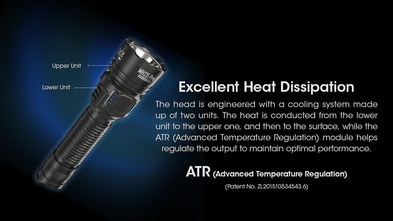 Nitecore Mh25 Pro Ultra Long Range USB C Rechargeable Flashlight with excellent heat dissipation.