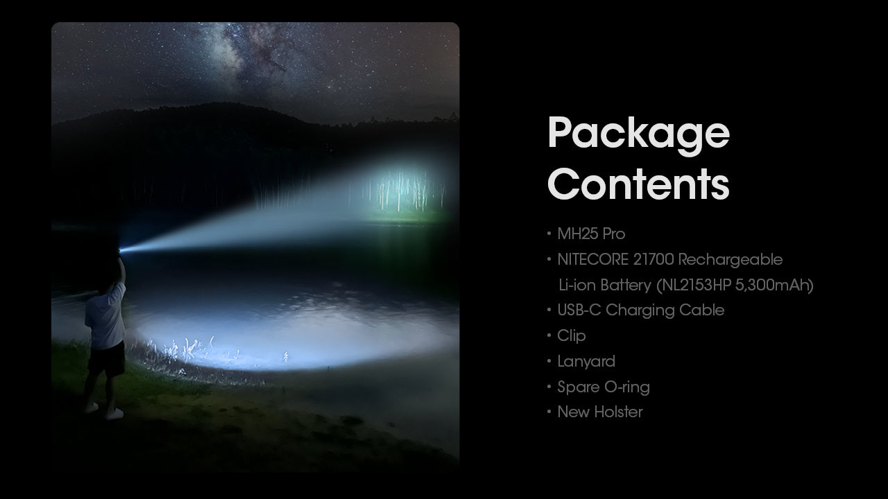 Nitecore Mh25 Pro Ultra Long Range USB C Rechargeable Flashlight with package contents included.