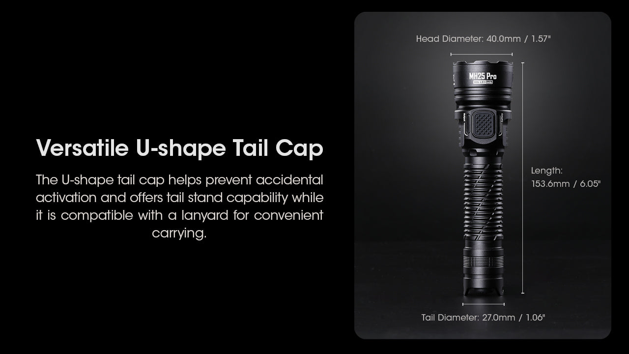 Nitecore Mh25 Pro Ultra Long Range USB C Rechargeable Flashlight with versatile U shape Tail Cap.