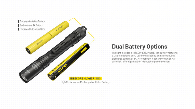 Nitecore MT2A Pro Rechargeable AA Flashlight with dual battery options.