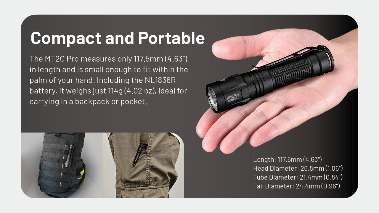Nitecore MT2C Pro High Output Compact Tactical Flashlight is compact and portable.

