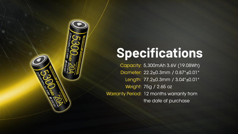 Nitecore NL2153HPi Rechargeable 21700 i Series lithium battery with 5300 mAh  with specifications.