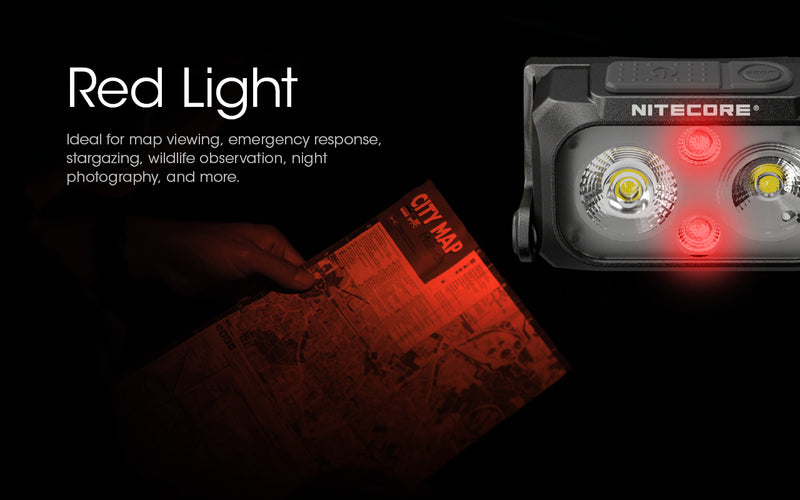 Nitecore NU25 headlamp with red light.