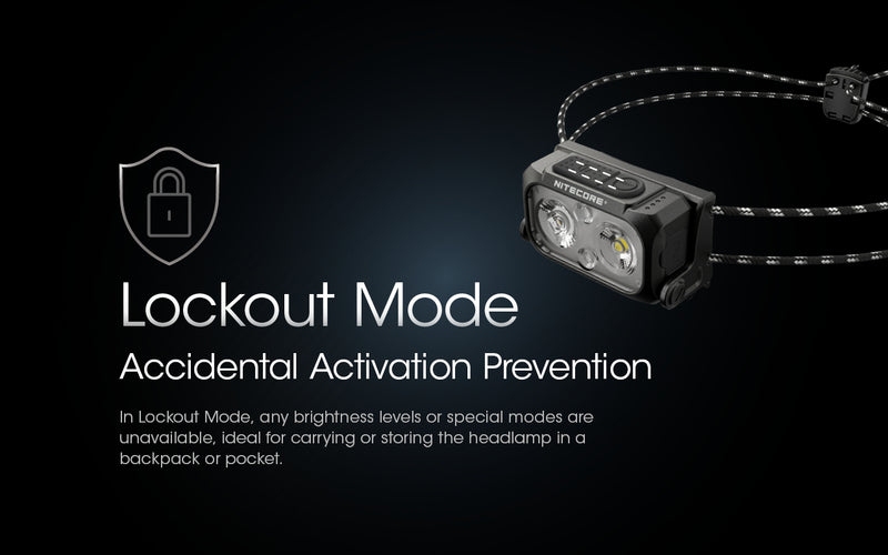 Nitecore NU25 UL Ultra Lightweight Dual Beam USB C Rechargeable Headlamp with lockout mode and accidental activation prevention.
